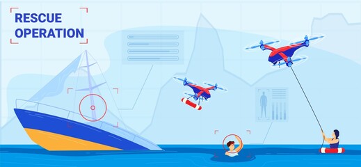 Rescue operation, modern transport, reliable safety, drowning in sea, sinking boat, design in cartoon style, vector illustration.