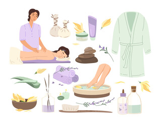 Spa Center service flat vector illustrations set.Beauty salon visitors and worker cartoon characters.Wellness center procedures and equipment pack.Hot stone massage, foot bath ,aroma therapy, bathrobe