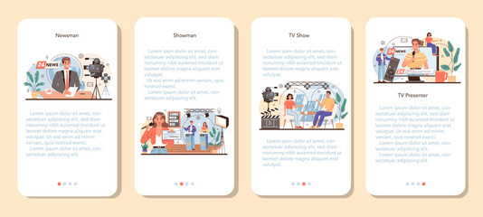 TV presenter mobile application banner set. Television host in studio