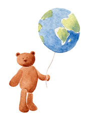 Watercolor illustration of a cute bear holding in its paws planet earth, for ecology