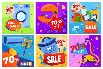 Big sales, nice discounts, low price, diversified market, household electrical appliances store, flat style, vector illustration.