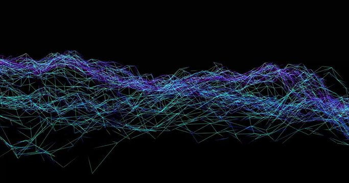 Wireframe landscape in purple lines and blue light. Cyberspace concept and data transfer visualization.
Series of peaks as data files flowing in virtual space. Virtual 3d chart representation flow