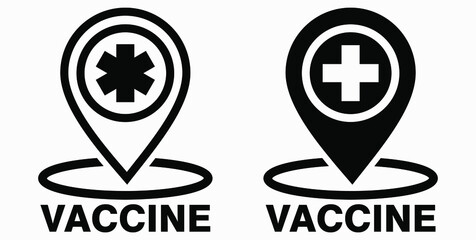 Vaccine and location icon. Syringe sign. The location of the hospital. Vector icon.