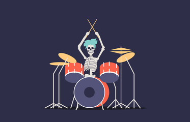 Skeleton drummer playing drums. Rock musician for halloween party concept