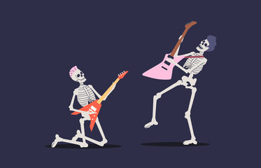 Group of skeletons playing electric guitar. Rock band for halloween concert or party concept
