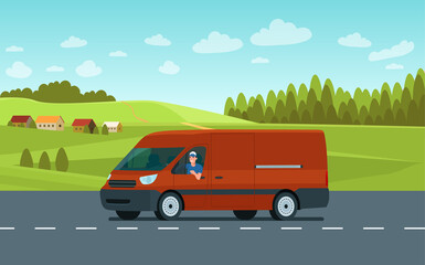 Cargo van with driver on the road against the backdrop of a rural landscape. Vector flat style illustration.