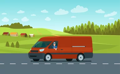 Poster Im Rahmen Cargo van with driver on the road against the backdrop of a rural landscape. Vector flat style illustration. © lyudinka