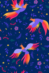 Fototapeta na wymiar Seamless pattern with magic birds on a blue background. Vector graphics.