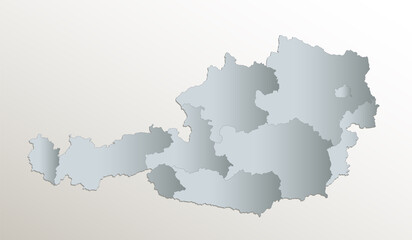 Austria map, administrative division with names, white blue card paper 3D blank