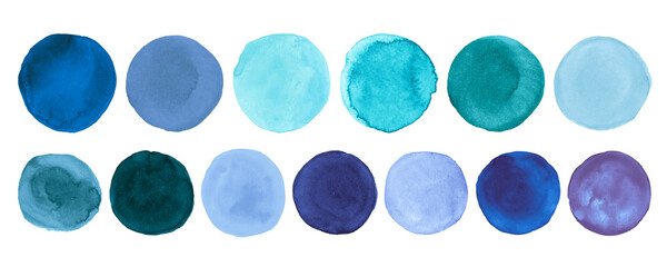 Fresh Watercolor Circle. Abstract Brush Stroke Rounds on Paper. Teal Art Stains Elements. Acrylic Watercolor Circle. Light Isolated Drops Texture. Pastel Dots. Blue Watercolor Circle.