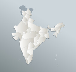 India map, administrative division, blue white card paper 3D blank