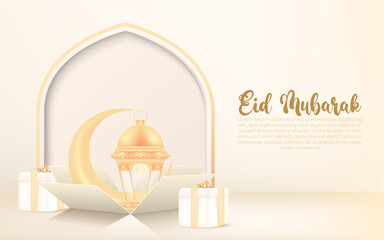 eid al-fitr background with crescent,lantern and gift box. eid mubarak banner celebration design concept. - obrazy, fototapety, plakaty