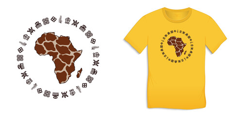 Print on t-shirt graphics design, Africa Map Globe with Adinkra symbols, African hieroglyphs yellow motive image, isolated on background raster
