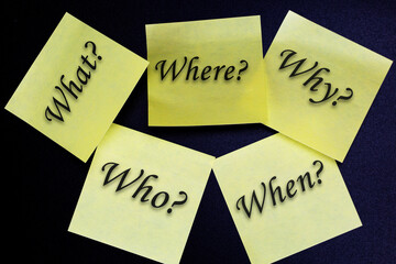 Who, why, what, when and where written on yellow sticky notes on black background . The five Ws....