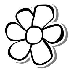 Black line a flower on white silhouette and gray shadow. Hand drawn cartoon style. Doodle for decoration or any design. Vector illustration of kid art.