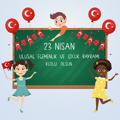 23 Nisan Ulusal Egemenlik ve &Ccedil;ocuk Bayramı, Balloon, board, chalk and kid design. Translate: Turkish 23 April Childrens Day. Vector illustration.