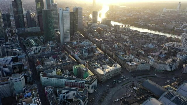 Aerial drone view: Skryscraper and main train station at Frankfurt, Germany.