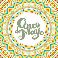 Celebrating card with Cinco De Mayo lettering at round Mexican style ornamental border.