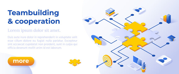 Teambuilding and Cooperation - Isometric Design in Trendy Colors Isometrical Icons on Blue Background. Banner Layout Template for Website Development