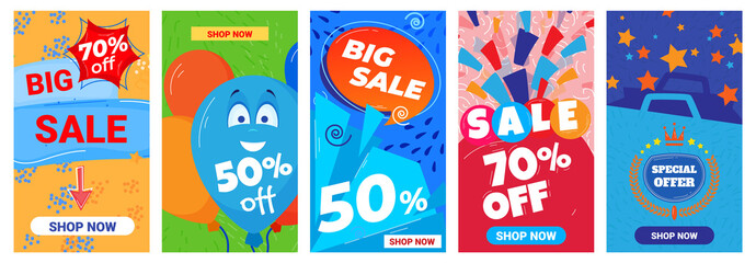 Discount sale, product promotion, new store opening, bright stickers set, retail trade sign, cartoon style, vector illustration.