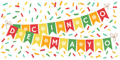 Cinco De Mayo celebrating card with bright bunting flags and confetti.