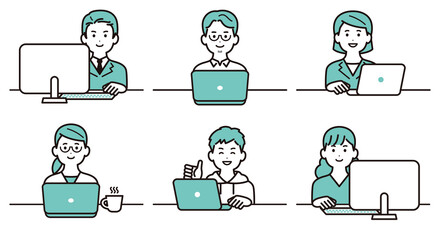 パソコン作業をしているビジネスパーソンのイラスト素材セット　男性　女性　スーツ　私服
