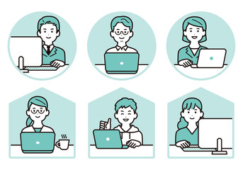 パソコン作業をしているビジネスパーソン　アイコンのイラスト素材セット　男性　女性　スーツ　私服