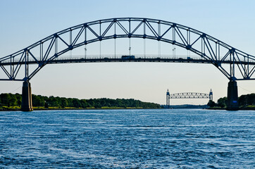 The Bourne Bridge in Bourne, Massachusetts spans the Cape Cod Canal.  Winner in 1934 of the American Institute of Steel Construction's  "Most Beautiful Steel Bridge" Award.   