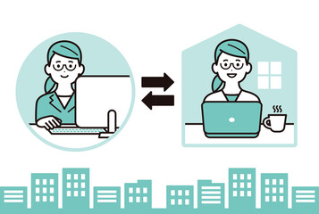 パソコン作業をしているビジネスパーソンのイラスト　女性　オフィスワークと在宅勤務の切り替え