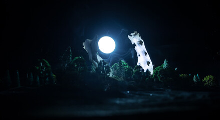 Animal bone in dark Halloween night with fog and light on background / Selective focus and space for text. Abstract horror concept