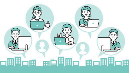 オフィスワークや在宅勤務で働くビジネスパーソンのイラスト
