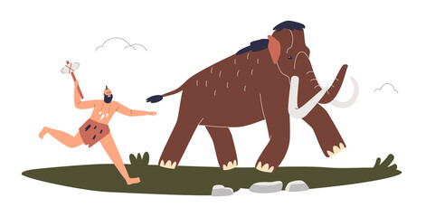 Primitive stone age man hunting on mammoth. Caveman hunter chasing huge animal