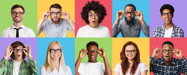 Men and women expressing different emotions wearing specs