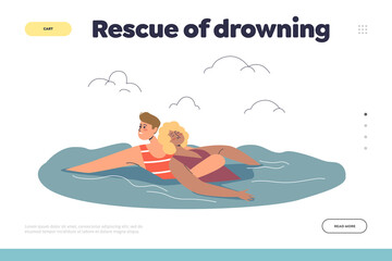 Rescue of drowning concept of landing page with beach lifeguard saving unconscious woman from sea