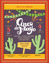 Cinco De Mayo invitation or announcing poster template with landscape decorative elements in scrapbooking style. - 427257321