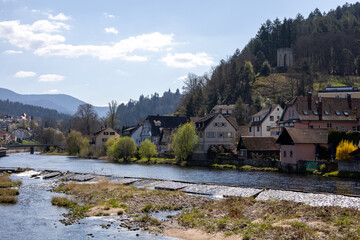 Fototapeta na wymiar Ausblick auf ein Dorf im Schwarzwald mit einem Schloss im Hintergrund am Fluss