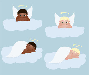 Anjos em nuvens, dormindo e olhando para baixo, ilustração vetor