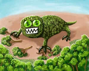 illustration of a terrible monster eating the forest for money. deforestation, eco problems. Metaphor