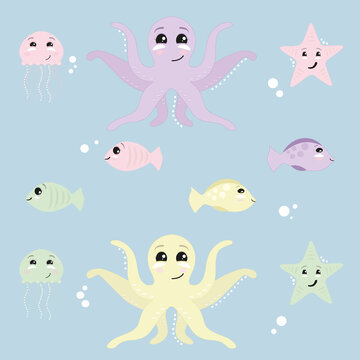 conjunto animais marinhos, polvo, agua viva, estrela do mar e peixes, ilustração vetor