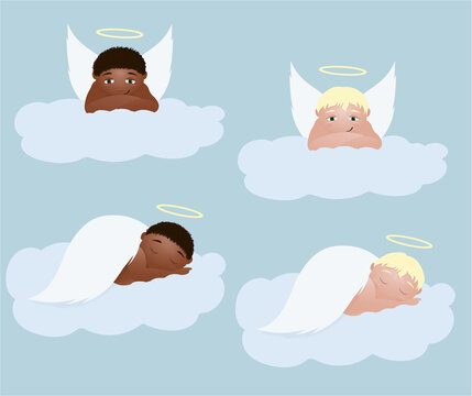 Anjos em nuvens, dormindo e olhando para baixo, ilustra&ccedil;&atilde;o vetor