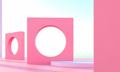 Blue sky and pink arch with copy space. Pastel pink color background. 80s 70s 60s vibe - 3d rendering. Architectural construction for bright summer advertisement. Empty space for goods. 