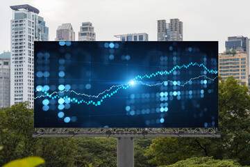 Forex and stock market chart hologram on road billboard over panorama city view of Bangkok. The financial center in Southeast Asia. The concept of international trading.