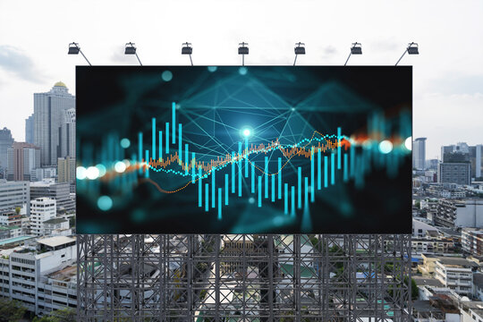 Forex and stock market chart hologram on road billboard over panorama city view of Bangkok. The financial center in Southeast Asia. The concept of international trading.