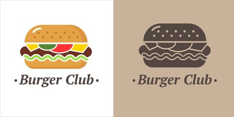 Vector logo of a burger cafe on an isolated background. Cheeseburger colored icon. Black and white burger logo. Monochrome image of a burger. Cheeseburger icon.