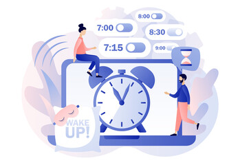 Alarm clock rings. Wake up in morning. Tiny people sets the alarm clock on laptop. Good morning concept. Beginning of new day. Modern flat cartoon style. Vector illustration on white background