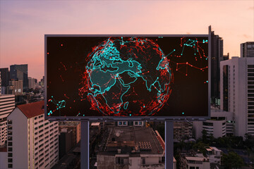 Hologram of Earth planet map on billboard over night panoramic cityscape of Bangkok. The concept of international companies in Southeast Asia.
