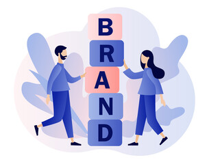 Tiny people build the word BRAND from cubes. Work on branding. Corporate identity. Company development. Self-positioning, individual brand strategy. Modern flat cartoon style. Vector illustration 