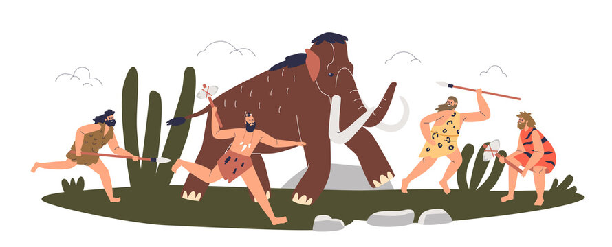 Prehistoric Stone Age Tribe Attack Mammoth. Cavemen Hunters With Spears And Axes Hunting For Animal