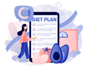 Nutrition diet. Tiny girl follow diet plan with healthy food with vegetables, fruit and physical activity use smartphone app. Nutritionist online. Modern flat cartoon style. Vector illustration