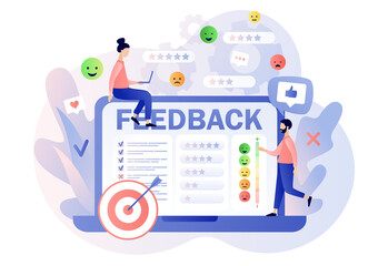 Feedback concept. Customer survey, review and opinion. Tiny people  leave feedback and put assessment online on laptop. Modern flat cartoon style. Vector illustration on white background
